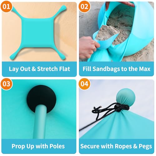 12x12 FT Beach Tent Sun Shelter UPF 50+, XL Beach Canopy with 4 Thickened Aluminum Poles, Sandbags, Windproof Portable Beach Sun Shade with Beach Blanket, Shovels, for Outdoor Camping Fishing RV Trip