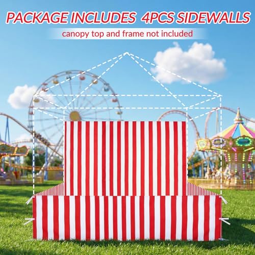 4 Pcs Carnival Canopy Sidewall Tent 10x10 Ft, 3 Half Walls and 1 Back Wall for Pop up Tents, Red & White Stripe, Waterproof & UV Resistant for Camping Party (Tent & Frame Not Included)