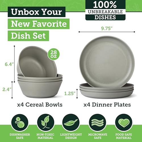 Grow Forward Premium Wheat Straw Plates and Bowls Sets - 8-Piece Wheat Straw Dinnerware Sets - Unbreakable & Reusable Microwave Safe Plastic Dinner Plates for Outdoors, RV, Camping Dishes - Feather - color: Feather Gray