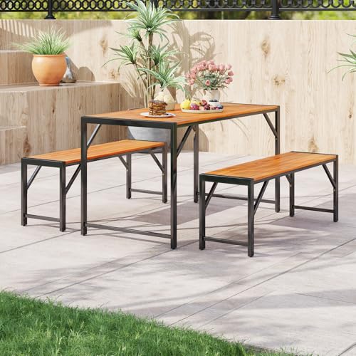 Tangkula 3 Pieces Patio Dining Set for 6 People, Outdoor Picnic Table & 2 Benches, 53” Acacia Wood Dining Table w/Metal Frame, Space-Saving Dinette Set for Garden Porch Poolside Yard Balcony