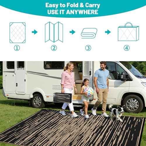 HEBE Outdoor Rug 9'x12' for Patios Clearance, Waterproof Reversible Plastic Straw Rug Camping Mat, Indoor Outdoor Area Rugs Carpet for Deck, Porch, RV, Picnic, Balcony - color: Stripe/Black, size: 9' x 12' (Rectangular)