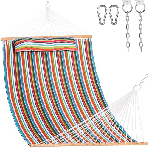 Lazy Daze Hammocks 12 FT Quilted Fabric Double Hammock with Spreader Bars and Detachable Pillow, 450lbs Weight Capacity, Bright Stripe - color: Bright Stripe