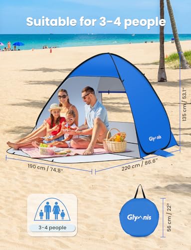 Glymnis Pop Up Beach Tent Beach Shade Tent for 1-4 Persons Sun Shelter UPF 50+ Enclose Zipper Door Portable Easy Up Beach Tent - style: Blue for 3-4 Person