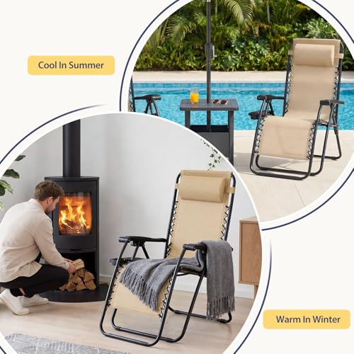 Sweetcrispy Zero Gravity Chairs, Set of 4 Portable Recliner Beach Camping Patio Outdoor Folding Lounge Chair with Cup Holder Trays and Adjustable Pillow for Poolside, Garden, Backyard, Lawn (Khaki) - color: Khaki-4p