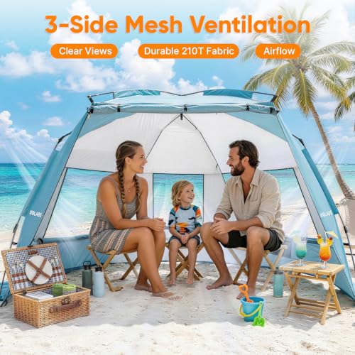 Golabs BT1 Pop up Beach Tent Sun Shelter for 3-Person, 1-Minute Setup by Pre-Attached Pole & UPF 50+, Beach Shade with Detachable Floor Mat, Mesh for Clear View & Airflow, only 7 lbs & Pocket and Hook - color: BLUE