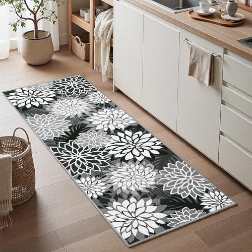2x6 Washable Runner Rug for Hallway Tropical Botanical Modern Floral Chenille Kitchen Rugs Low Pile Non Slip Carpet for Patio, Bedroom, Laundry, Black - color: Black White, size: 2' x 6' (Rectangular)