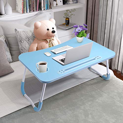 Slendor Lap Desk with Cup Holder, Foldable Laptop Table for Bed, Portable Bed Desk for Laptop and Writing, Computer Tray with Tablet Slot, Notebook Stand Reading Holder for Couch Sofa Floor,Blue - color: Blue