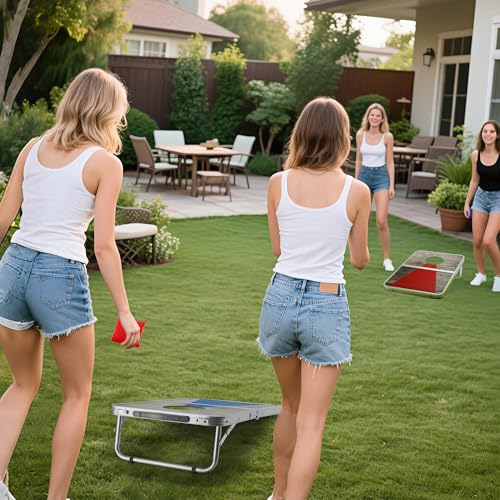 Portable Cornhole Board Set with Aluminum Alloy Edging,2x1.3ft Foldable Corn Hole Games for Adults and Family with 8 Bean Bags for Outdoor Backyard Travel Tailgate Camping - color: Red and Blue