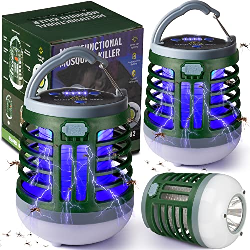 2 Pack 3 in 1 Bug Zapper USB Rechargeable Mosquito Killer Portable Waterproof Mosquito Repellent Outdoor Indoor LED Lantern Bug Zapper Camp Light SOS Emergency Light for Home, Backyard, Patio (Green) - color: Green