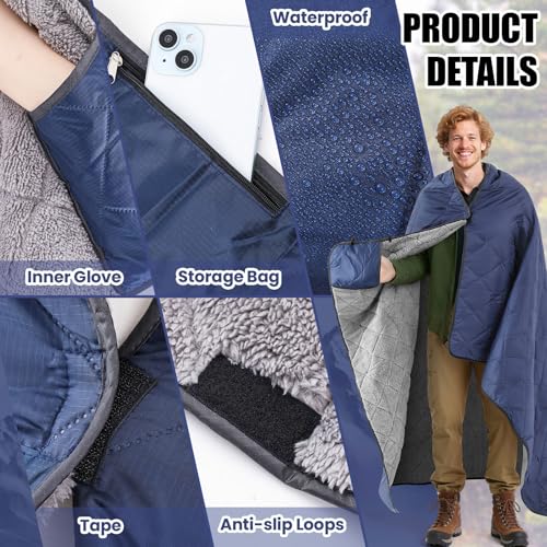 Mindsoft Large Waterproof Woobie Blanket with Sherpa Lining Upgraded Windproof Extra Thick Warm Outdoor Blanket for Cold Weather Hunting Stadium Sports Camping Picnic Car, 59" x 79"(Blue,1 Pc)