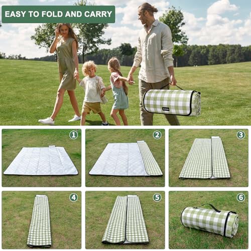 ZUBOND Picnic Blankets Waterproof Sandproof Foldable & Machine Washable, 80''x100'' Extra Large Beach Blankets, Simple Stylish Gingham Outdoor Blankets Grass Lawn Park for Family Camping Party - color: Green White, size: 6'8" x 8'4" (Rectangular)
