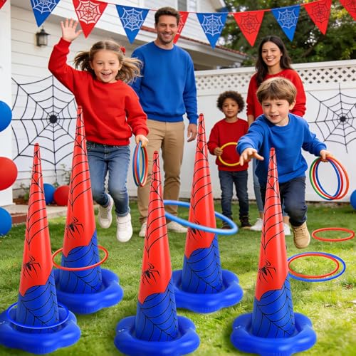 5 Pack Inflatable Spider Web Ring Toss Game - Red and Blue Spider Themed Birthday Party Games with 10 Plastic Rings & Pump, Indoor Outdoor Carnival Toss Toy for Kids Party Favors - color: Red Blue Spider