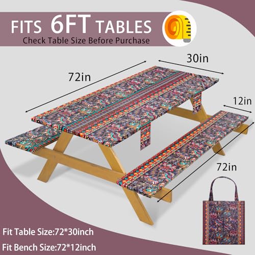Fitted Waterproof Picnic Table Cover with Bench Covers Heavy Duty Elastic Outdoor Camping Tablecloth for 6 Foot Rectangle Tables Summer Rv Accessories Patio Garden Road Trip Essentials Gifts - color: Burgundy Flowers, size: 72" x 30" (Rectangular)