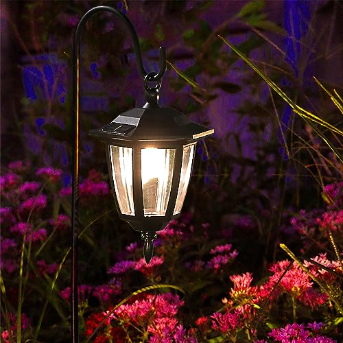 Dynaming 2 Pack Solar Hanging Lights Outdoor, Solar Powered Garden Decorative Lanterns with 2 x 38 Inch Shepherd Hooks, Waterproof Landscape Lighting for Lawn Patio Yard Pathway Driveway, Warm White - size: 2 Pack