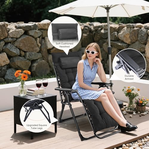 DUMOS Zero Gravity Chair, Reclining Camping Lounge Chair for Outdoor, Reclining Patio Chairs with Cup Holder Trays and Removable Cushion, Folding Recliner for Indoor, Black - size: 1P