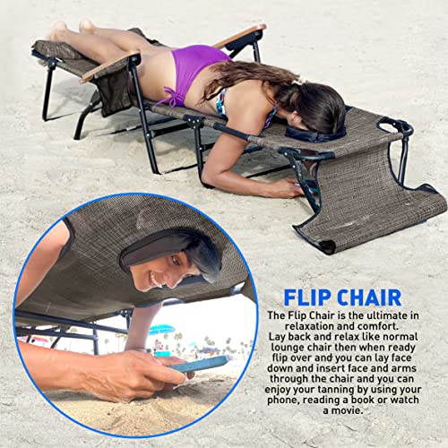EASYGO PRODUCTS FLIP Face Down Tanning Chaise Lounge Chair with Face & Arm Holes - 4 Legs Support - Textilene Material - 6 Position - Arm Head Rest Pillow - Beach or Home Use - color: Flip Brown
