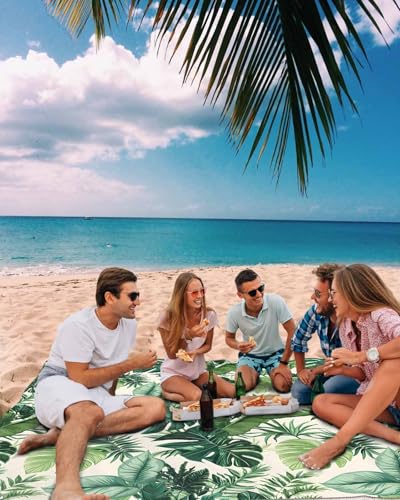 Summer Watercolor Green Palm Leaves Beach Blanket Waterproof Sandproof Outdoor Picnic Mat 118x108in Farmhouse Tropical Plant Lightweight Large Beaach Blankets with 4 Stake & 4 Corner Pockets - size: 118x108in