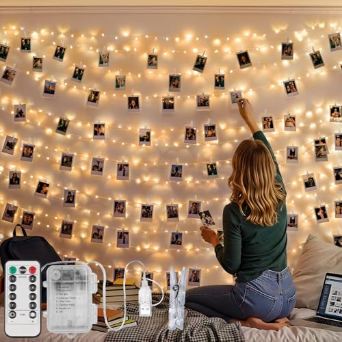 suddus 33ft 100 LED Fairy Lights with Clips for Pictures, Photo Lights with Remote USB Powered & Battery Operated with 45 Clear Clips, String Lights for Party, Bedroom, Decoration, Warm White - color: Warm White USB/Battery, size: 100LED