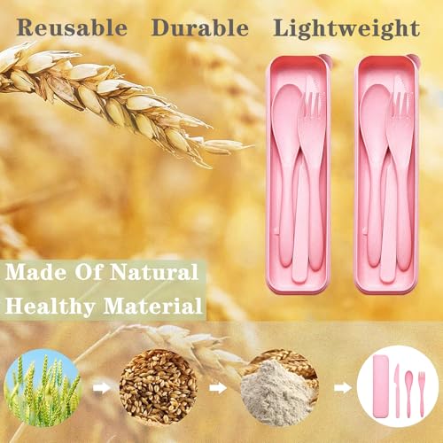 Reusable Travel Utensils Set with Case, 2 Sets Wheat Straw Portable Plastic Fork Spoons Knife Cutlery, Camping Eco-Friendly BPA Free Tableware for Kids Adults Work Picnic or Daily Use (Pink) - color: 2 Pink