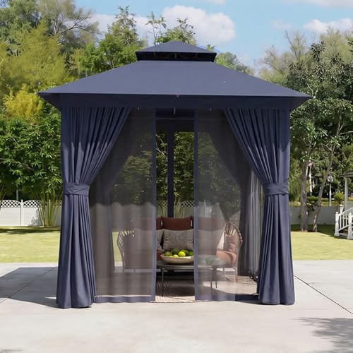 Aoxun Outdoor Gazebo for Patio 8x8 Metal Frame Canopy with Double Roofs Heavy Duty Party Tent and Shelter with Mosquito Netting and Privacy Screen for Backyard, Lawn, Garden, Deck (Navy Blue) - color: Navy Blue, size: 8 X 8