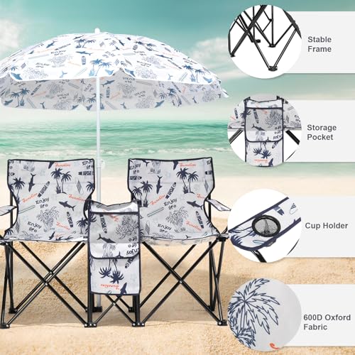 Outvita Folding Double Camping Chair w/Umbrella Beverage Holder Carrying Bag Cooler Fold Up Table, Large Bearing Capacity for Beach Patio Pool Park Outdoor Shark Pattern - color: Shark Pattern