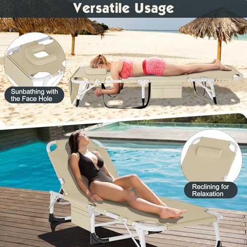 MOPHOTO Tanning Chair, Outdoor Sunbathing Lounge Chair 5-Position, Folding Chaise Lounger, Sun Tanning Lounger with Face Hole, Perfect for Pool Beach Patio - color: Oatmeal, style: Sunbather Lounge
