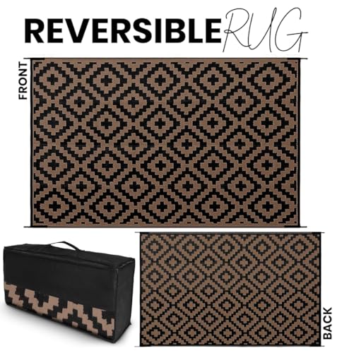 Outdoor Rugs, Outdoor Plastic Straw Rug, Reversible Waterproof Carpet for Camping, Poolside, Garden, BBQ Area, Gazebo Flooring, RV Park & Beach, Square Pattern, Black & Brown, 5'x8' - color: Square Frames - Black & Brown, size: 5' x 8'
