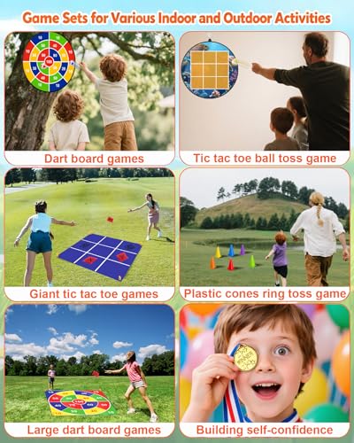 Carnival Games Set, Giant Tic Tac Toe Games, 4.5ft x 4.5ft Double-Sided, 26" Dart Board with Sticky Balls, Soft Plastic Cones Ring Toss Game Set for Kids Adults Family Outdoor Lawn Yard Birthday Party - size: D+GTD-T