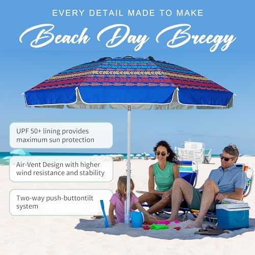 AMMSUN 8 Feet Large Beach Umbrella with Sand Anchor Heavy Duty High Wind Portable Outdoor Umbrellas UV 50+ Protection Air Vent Tilt Patio Garden Pool - color: Navy Stripes