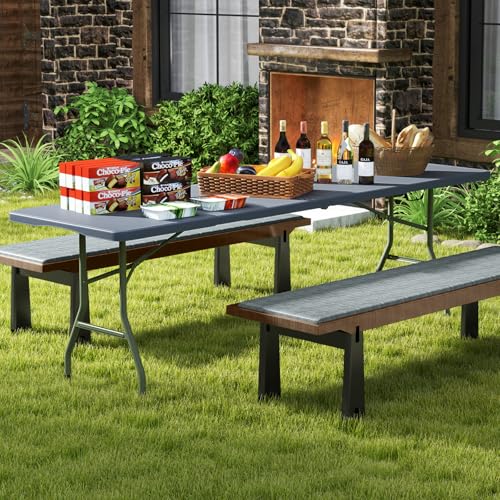Goplus 8ft Plastic Folding Table, 350 LBS Outdoor Heavy Duty Folding Tables with HDPE Tabletop, Handle, Lock, Foldable Rectangle Portable Utility Card Table for Picnic, Party, Camping, Dining - color: Grey, size: 96.5" x 29" 29.5"