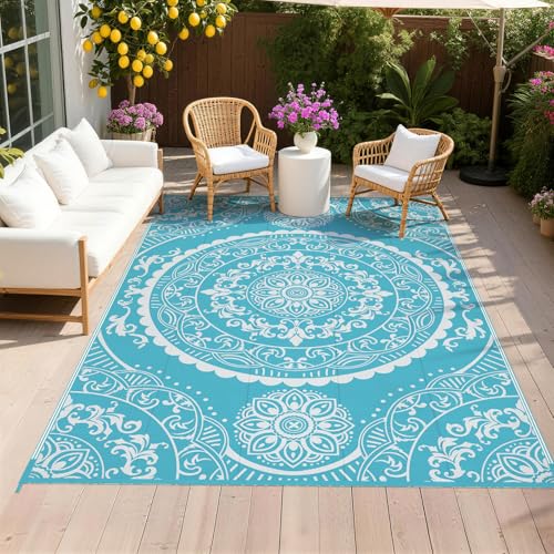 Pauwer Waterproof Outdoor Rug 6x9, Reversible Plastic Straw Patio Camping Rug, Indoor Outdoor RV Mat Carpet for Deck, Camper, Porch, Balcony, Backyard, Picnic, Paisley Teal - color: Paisley Teal, size: 6' x 9' (Rectangular)