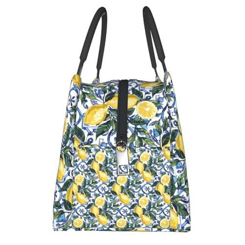 MIEPOSLemon Lunch Box with Mediterranean Citrus Tile Pattern for Girls and Adults,Lightweight Handbag with Zipper Closure,Portable Cosmetic Bag for School,Work,Office,Travel and Picnic Gifts - color: Lemon