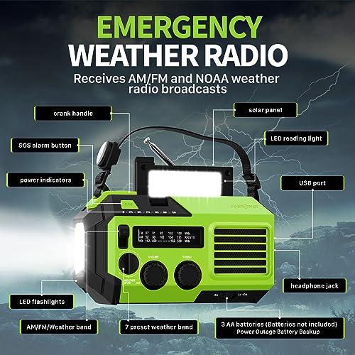 FosPower NOAA Emergency Weather Radio A6 19240mWh Portable Power Bank, AM/FM, USB/Solar/Hand Crank Charging, Battery Operated, SOS Alarm & Flashlight for Indoor/Outdoor Emergency - Green - color: 06 - Model A6 - Green