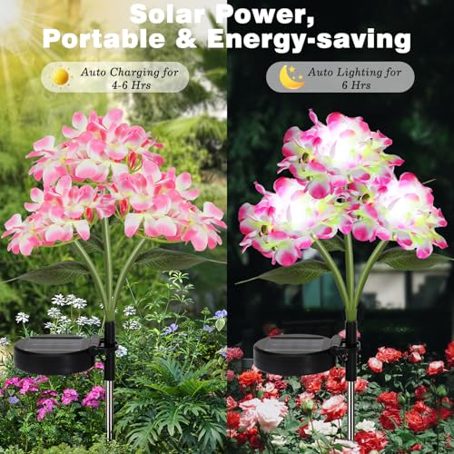 Lewondr 4 Pack Solar Garden Lights, Solar Flowers Lights with 4 Blooming Hydrangea Flowers, Waterproof Solar Lights Outdoor for Yard Porch Patio Backyard Pathway Gardening, 2 Lighting Modes, Colorful - size: 4 Pack, style: Hydrangea