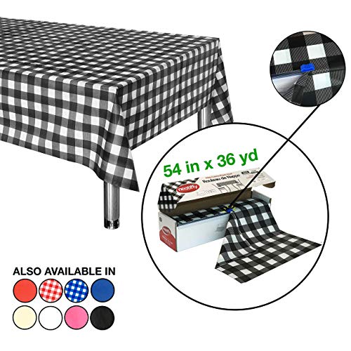 Neatiffy Disposable Plastic Table Cloth Roll | 54 in x 108 Ft Waterproof Tablecloth | Table Cover for Rectangle, Square, Round Oval Tables | Picnic, Party, Banquet, Birthdays, Weddings, BlackCheckered - color: Black Checkered