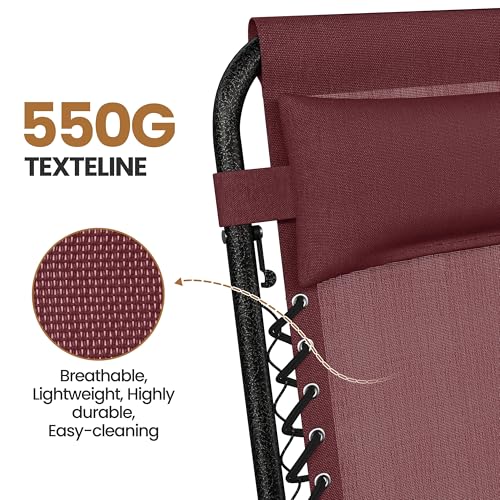 Yaheetech Zero Gravity Recliners Outdoor Adjustable Folding Reclining Lounge Chairs w/Pillows, Cup Holder Trays and Carry Strap for Patio Backyard Beach Burgundy Set of 2 - color: Burgundy