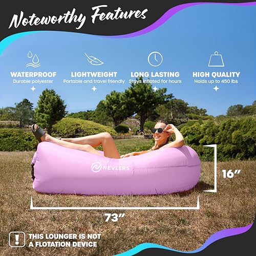 Nevlers Lavender Inflatable Lounger | 210T Polyester Air Sofa | No-Pump Blow Up Couch | Inflatable Lounge Chair w/ 450lbs. Cap., Pockets & Matching Bag | Use as Inflatable Couch for Camping & More - color: Lavender, size: 1 Pack