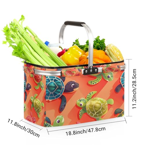 Picnic Basket, MARYHFENVA Shopping Basket with Handle 40L Collapsible Grocery Basket Portable Folding Bag for Marketing Picnic - color: Turtles(style 1)