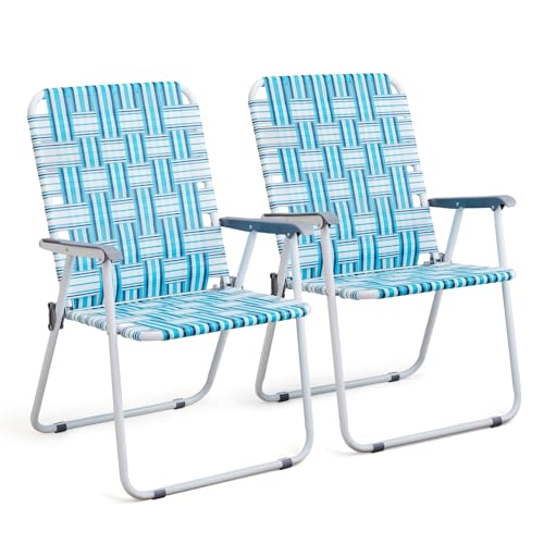 VINGLI Patio Lawn Webbed Folding Chairs Outdoor Beach Portable Camping Chair for Yard, Garden (2, White & Blue, Oversized) - color: White & Blue, size: Oversized