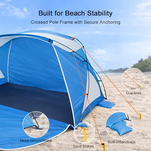Beach Tent Sun Shelter with UPF 50+ UV Protection, Dual Door Design for Better Ventilation, Easy Setup Portable Beach Shade Canopy with Carrying Bag for Beach, Camping, Fishing and Outdoor Travel - color: Blue-Dual Door, size: Standard 3-Person