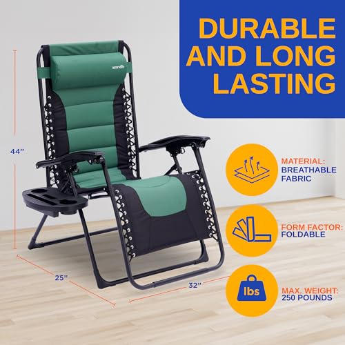 SereneLife Padded Zero Gravity Lounge Chair - Reclining Patio Chairs - Outdoor Lounge Chairs with Detachable Cup Holder Tray - Folding Recliner Chair with Removable Pillows - 1, Green and Black - color: Green