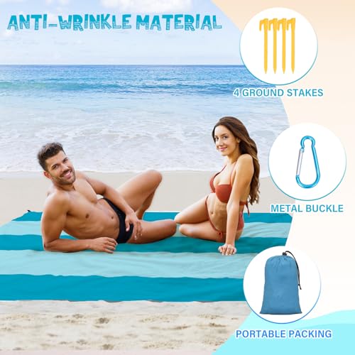 Beach Blanket Waterproof Sandproof 1-7 Adult Oversized 78 '' × 110 '' Lightweight Durable Compact Sand Free Extra Large Beach Mat for Travel Camping Hiking Picnic Blanket - color: 2cyan, size: 78“x110”