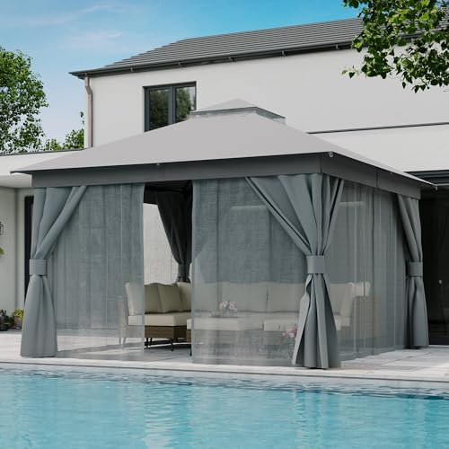 LAUSAINT HOME Gazebo 12x12ft, Heavy Duty Patio Gazebo with Expansion Bolts, Party Canopy Tent with Double Roofs, Mosquito Nettings and Privacy Screens for Backyard, Garden, Lawn, Grey - color: Gray, size: 12'x12'