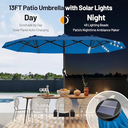 AreShark 13 FT Patio Umbrella with Solar Lights, Double-Sided Outdoor Table Umbrellas with Crank, Large Rectangular Market Umbrella for Porch, Lawn, Pool, Backyard, Royal Blue - color: Royal Blue, size: 6.5x13 Ft