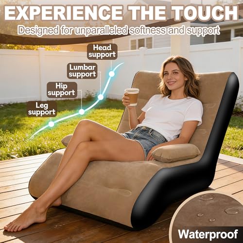 FluSing Inflatable Couch for Camping, Blow Up Couch for Adults with Armrest, Waterproof Flocked Surface Inflatable Sofa Bed Indoor, Portable Inflatable Chairs for Movie Night, Air Sofa Outdoor