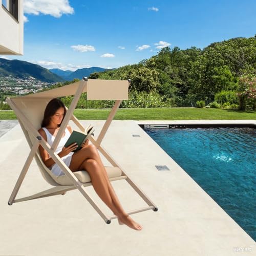 Beach Lounge Chair with Canopy, Folding Reclining Outdoor Chaise Lounger, Beach Chair Pool Sunbathing Lawn Lounger for All Weather, No Assembly Required (Khaki)