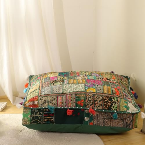 THE ART BOX Cotton Patchwork Vintage Boho Embroidered Floor Pillows & Cushion Cover Dog Pouf Seating Pouf Meditation Pillow Pet Bedding Cat Bed Boho Home Décor (35x35 Inches, Cover Only) - color: Dark Green