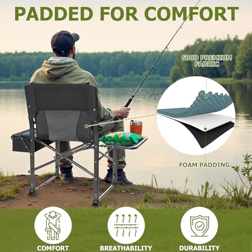 Fenbeli Oversized Folding Director Chair with Side Table and Cooler Bag - Portable Camping Chair with Cup Holder, Padded Armrests, 400LBS Capacity for Outdoor Camping, Lawn, Picnic (Black) - color: Black