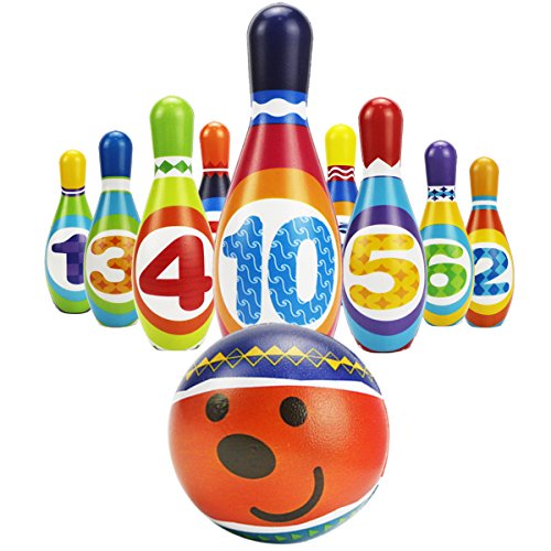 iPlay, iLearn Kids Bowling Toys Set, Toddler Indoor Outdoor Activity Play Game, Soft 10 Foam Pins & Two Balls Playset, Educational, Birthday Party Gift for 18 24 Months, 2 3 Year Old Children Boy Girl