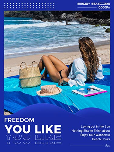 OCOOPA Extra Large Beach Blanket, Sand Free, Large Oversized Camping Mat, Comfortable Parachute Nylon, Cozy& Chic, Compact& Light, 4 Stakes&1 Travel Bag, S09 - color: Aqua Navy Blue, size: XX-Large(1-8 persons)